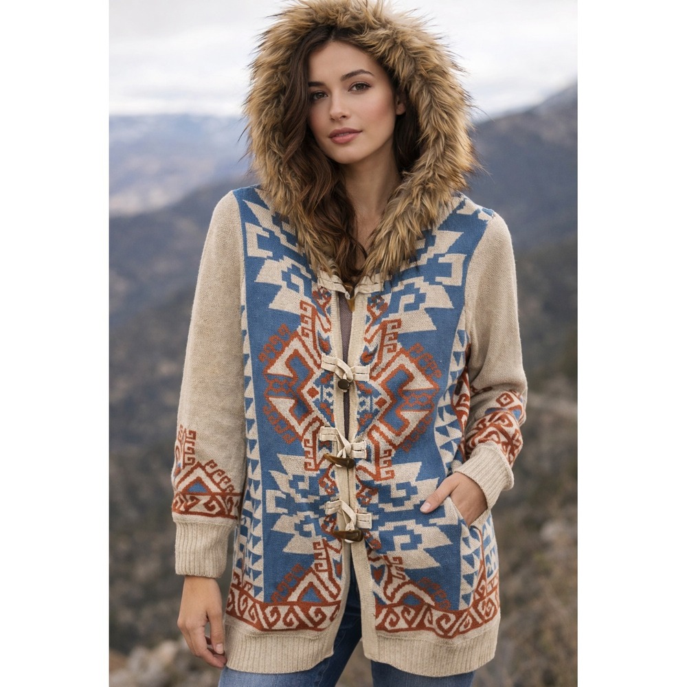 Flying Tomato Faux Fur Hooded Sweater‎ Women's Small Aztec Pattern Toggle Button